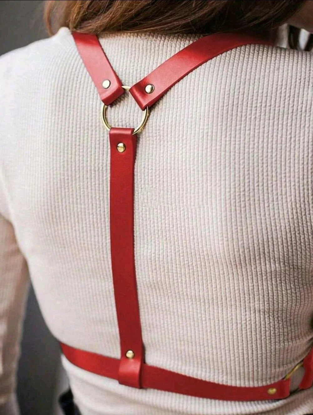 Trendy: Red Pu Leather Gothic Underbust Harness with Gold Accents
